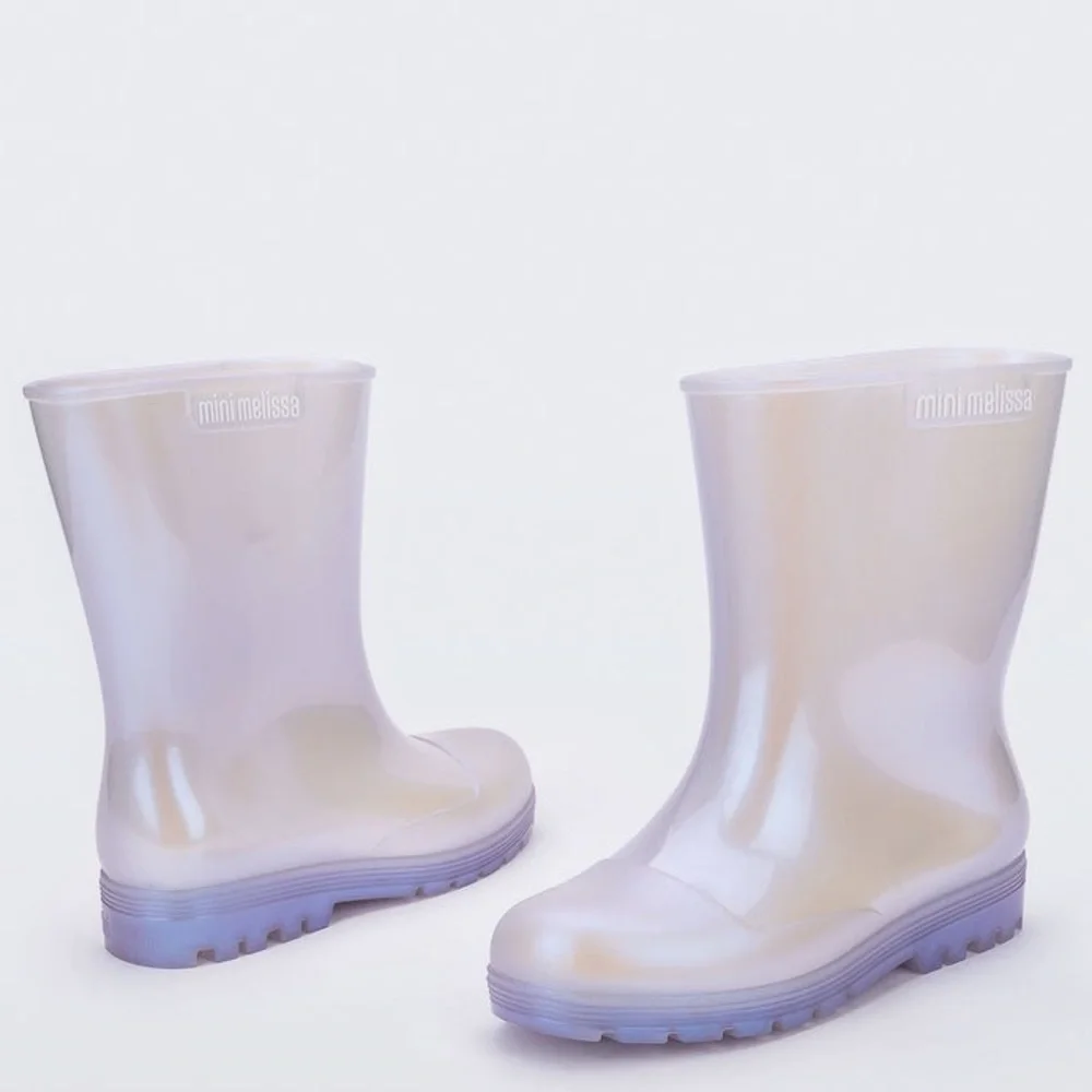 Mini Melissa Welly Big Girls Rain Boots Pearl Blue Irridescent Size 4 NIB